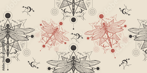 Esoteric dragonfly seamless pattern. Packing old paper, scrapbooking style. Vintage background. Medieval manuscript, engraving art. Alchemy, religion, occultism, spirituality concept