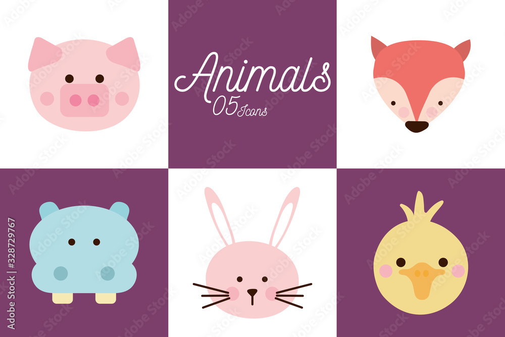 5 Cute animals cartoons flat style icon set vector design