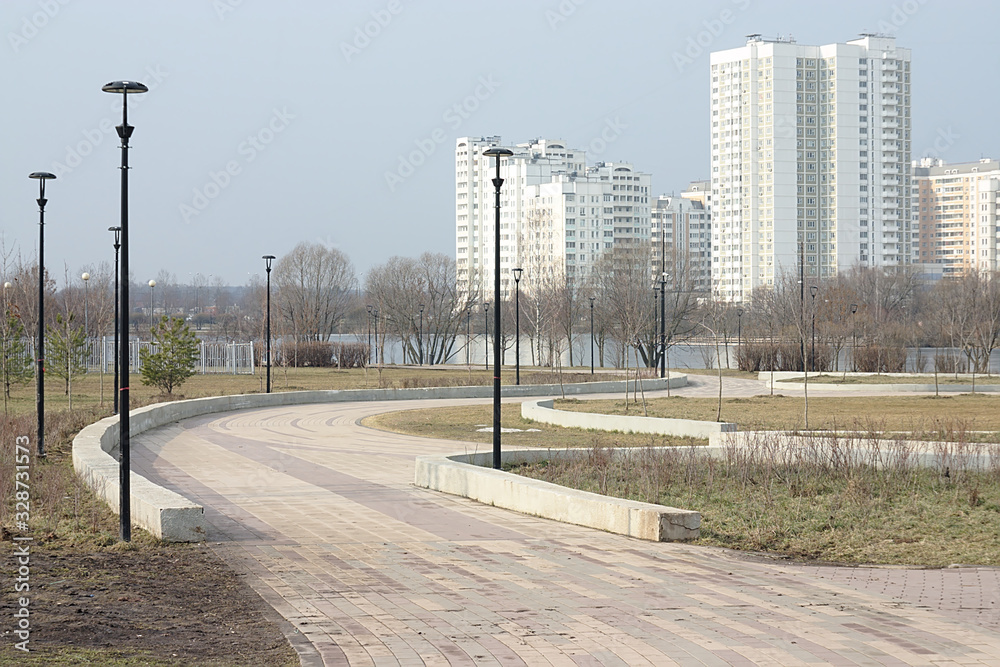 residential area on the bank of a frozen pond