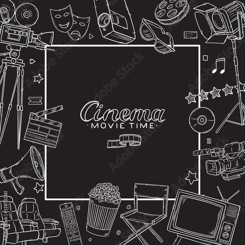 Hand drawn vector illustrations - Cinema collection. Movie and film elements in sketch style.