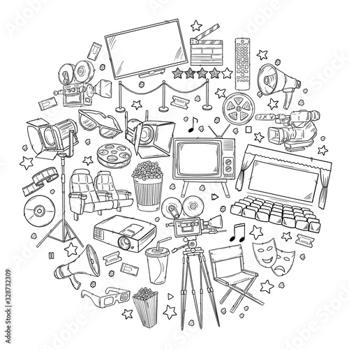 Hand drawn vector illustrations - Cinema collection. Movie and film elements in sketch style. Perfect for posters, banners, flyers, advertising, billboards