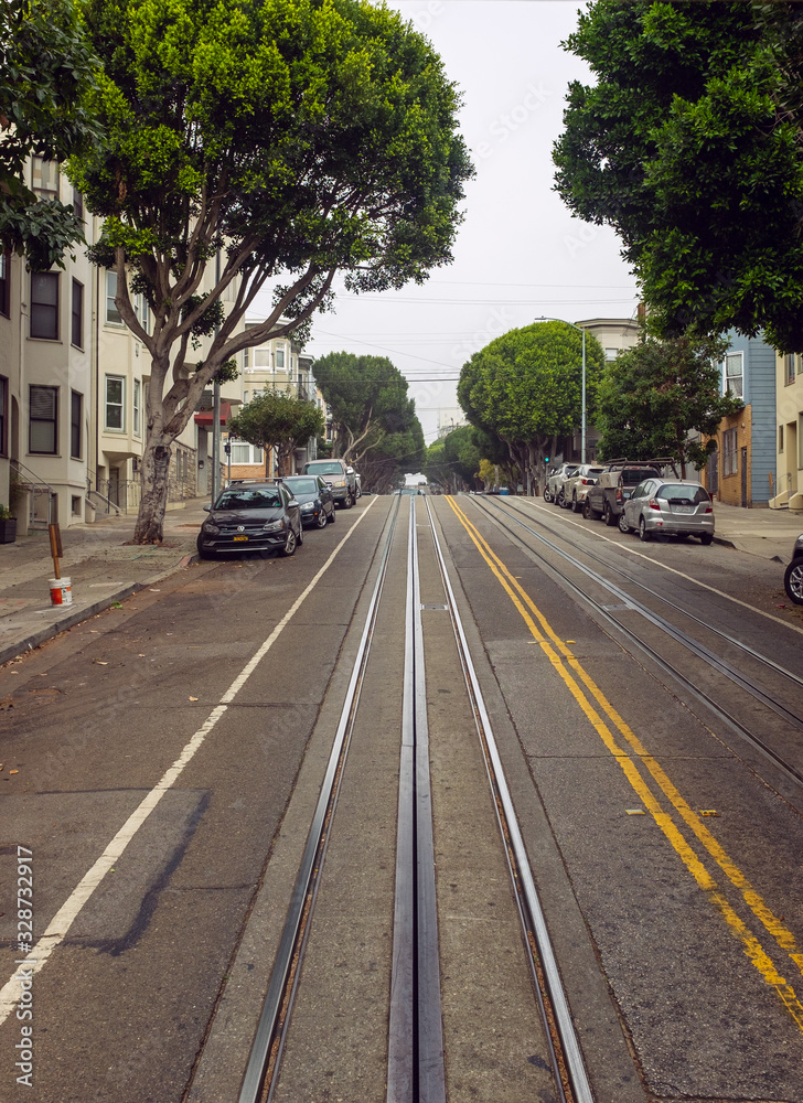 Trolly tracks on an urban street with trees