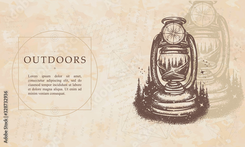 Outdoors. Kerosene lamp and rays of light. Renaissance background. Medieval manuscript, engraving art