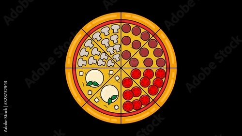 Pizza animation. Slices of pizza fly apart. Slices with pepperoni, tomato, mushroom, mozzarella topings. Design for italian pizzeria, restaraunt, cafe, advertising. photo