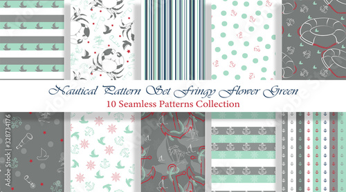 Nautical Pattern Set inspired by adventures on the seas. Fringy Flower Green color palette. Anchor, ship wheel, telescope, crab... It fits any surface you like, T-Shirt, Wall Coverings, Bed Linen,  photo