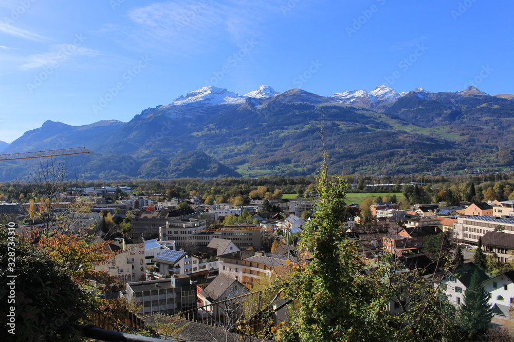 Aerial view of Vaduz, the capital city of Liechtenstein in Europe, taken from Vaduz Castle trail.