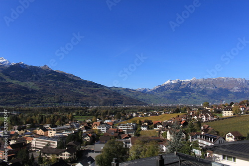 Aerial view of Vaduz, the capital city of Liechtenstein in Europe, taken from Vaduz Castle trail.