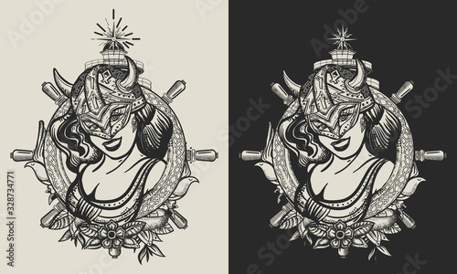 Viking woman, lighthouse and steering wheel. Warrior girl. Scandinavian culture. Template for clothes, covers, emblems, stickers, poster and t-shirt design. Typography art. Vector illustration