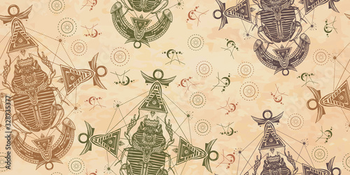 Wallpaper Mural Scarab, ancient Egypt, mythology. Seamless pattern. Packing old paper, scrapbooking style. Vintage background. Medieval manuscript, engraving art. Egyptian scarab symbol of pharaoh, gods Ra, sun Torontodigital.ca