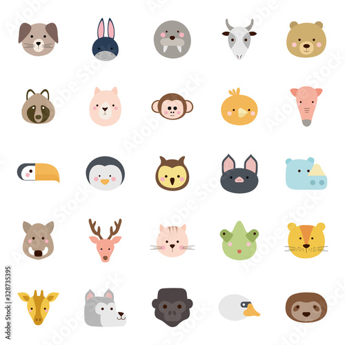 Cute animals cartoons flat style icon set vector design