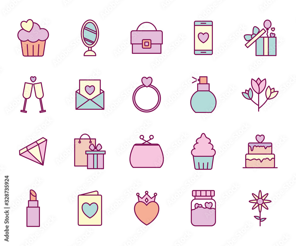 happy mothers day line and fill style icon set vector design
