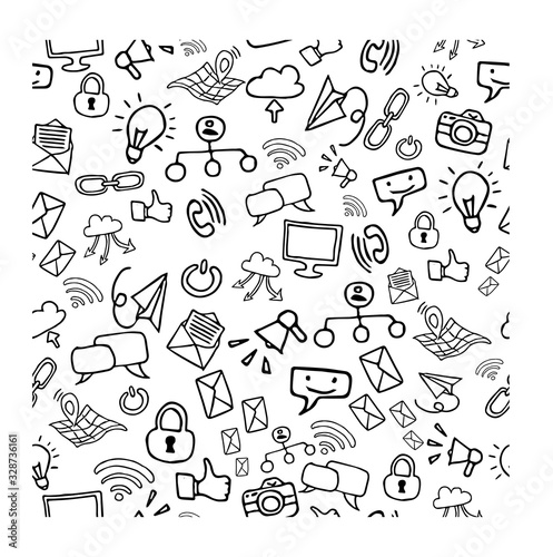 Hand Drawn Doodle Web Site Signs and Symbols. Social Media Icons Vector Seamless Pattern. Trend graphic simbols. Global communications concept