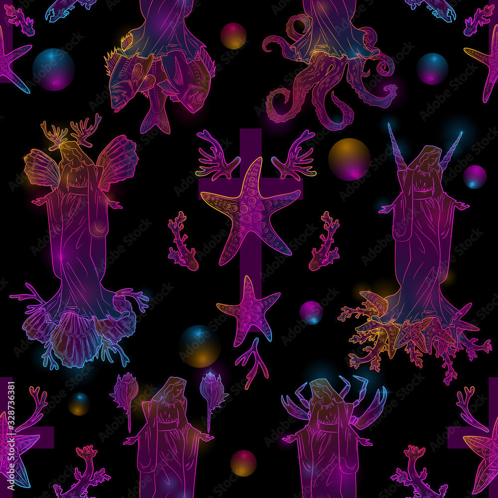 Plakat Seamless pattern with virgin Mary, crucifix, octopus, fish, corals, shells, sea animals. Perfect for greetings, wrapping paper, web design, wallpapers, printing on fabric, tattoos, invitations, menu
