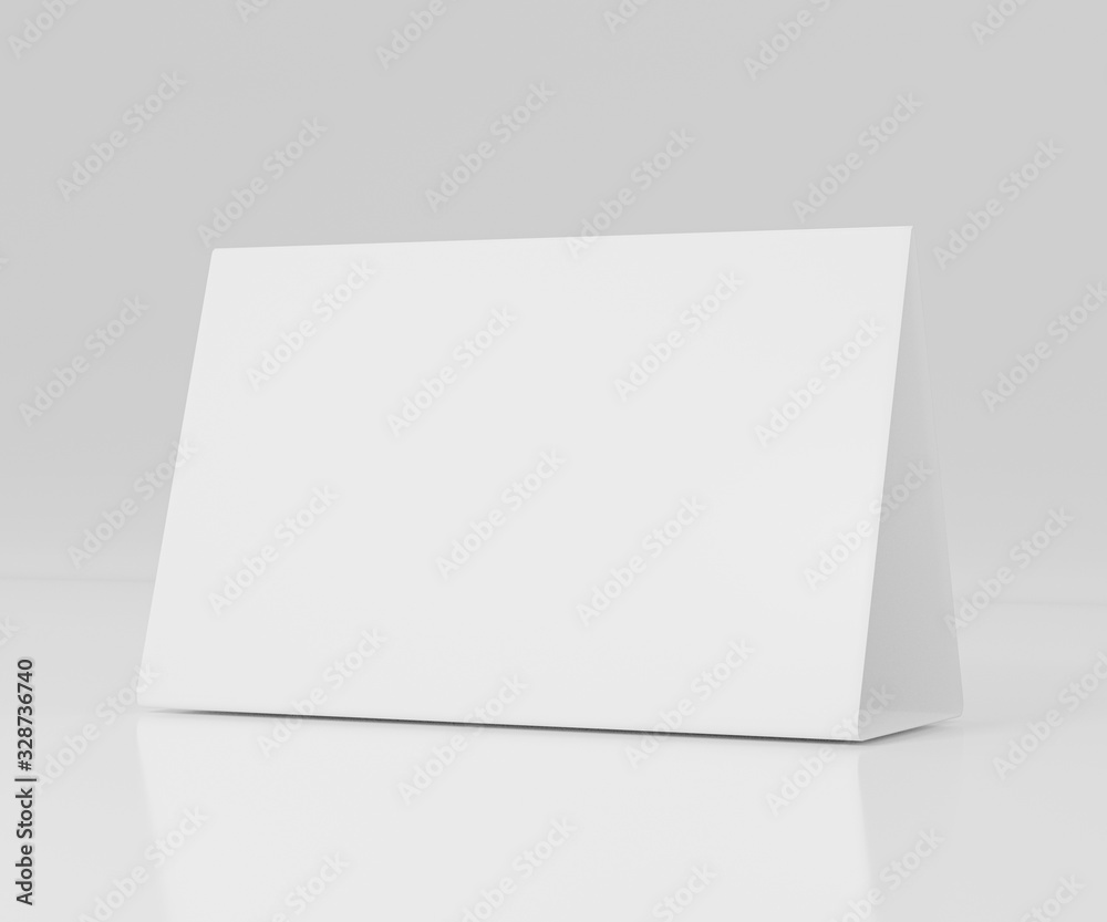 Promotional table talker isolated on white background, mockup template paper tri-fold vertical triangle cards with reflections. white sheets front & left and right view. 3d render Promotional table talker isolated on white background, mockup template paper tri-fold vertical triangle cards with reflections. white sheets front & left and right view. 3d render