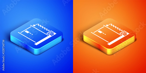 Isometric 3D printer icon isolated on blue and orange background. Square button. Vector Illustration