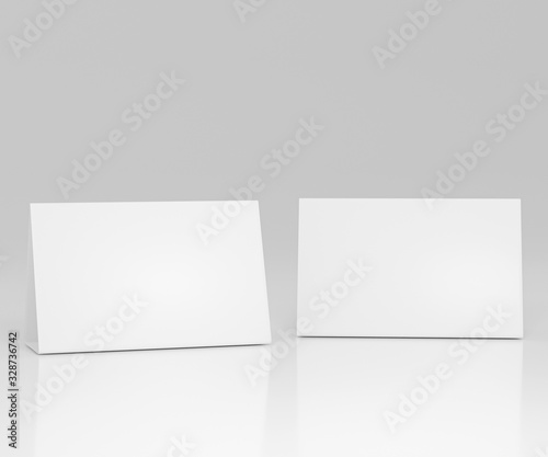 Promotional table talker isolated on white background, mockup template paper tri-fold vertical triangle cards with reflections. white sheets front & left and right view. 3d render