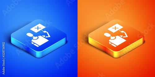 Isometric Nature saving protest icon isolated on blue and orange background. Earth planet protection, environmental issues demonstration. Square button. Vector Illustration
