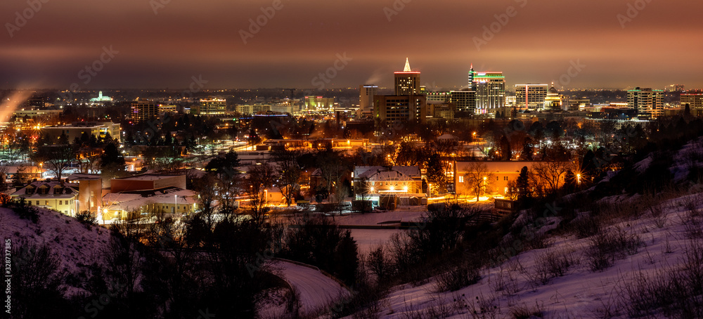 Boise city skyline in winter with snow on the ground