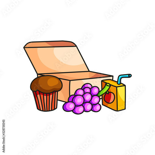 School breakfast in eco cardboard box with grapes, muffin and juice