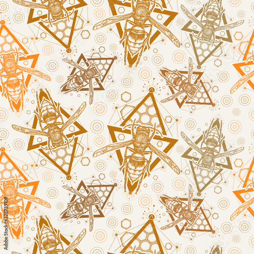 Bee tattoo. Symbol of freedom, flight. Wasp. Seamless pattern. Packing old paper, scrapbooking style. Vintage background. Medieval manuscript, engraving art