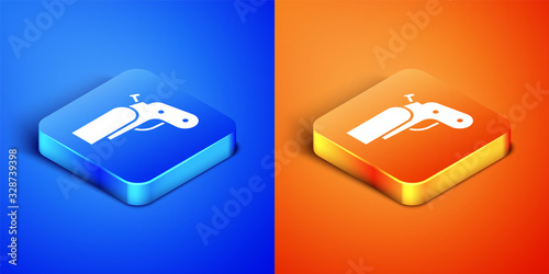 Isometric Flare gun pistol signal sos icon isolated on blue and orange background. Emergency fire shoot target smoke. Orange 911 launcher. Square button. Vector Illustration