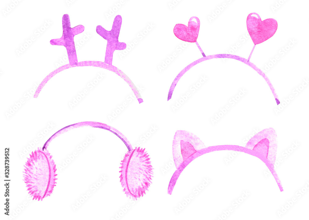 Set of headbands with horns, ears, hearts and furry earmuffs. Watercolor drawing, pink headbands isolated on a white background