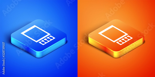 Isometric Open matchbox and matches icon isolated on blue and orange background. Square button. Vector Illustration