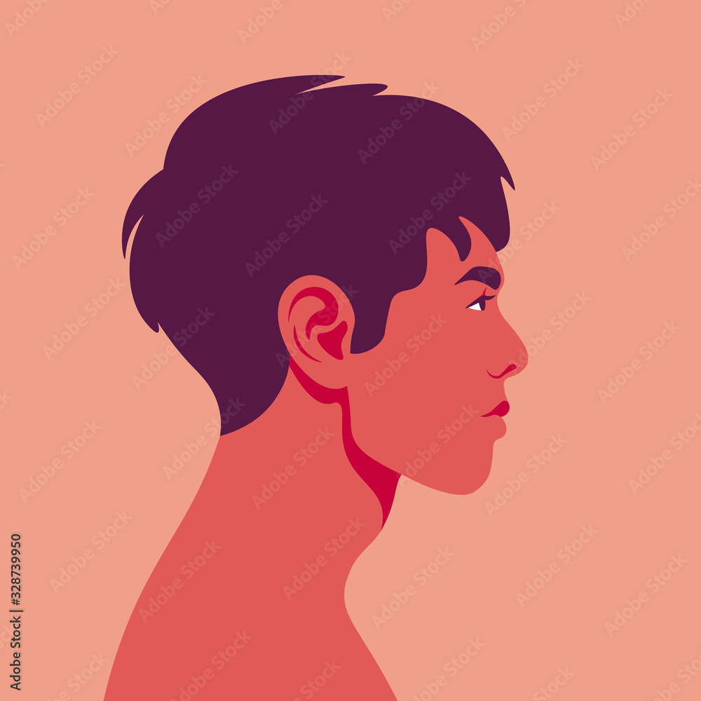 Portrait of an Asian guy. Profile of a young man on summer vacation. Resorts and beaches. Vector illustration in flat style.