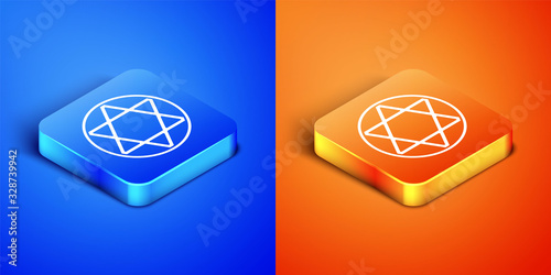 Isometric Star of David icon isolated on blue and orange background. Jewish religion symbol. Symbol of Israel. Square button. Vector Illustration