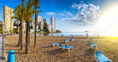 Рanoramic seascape view of summer resort with beach(Playa de Llevant) and famous skyscrapers. Costa Blanca. City of Benidorm, Alicante, Valencia, Spain.