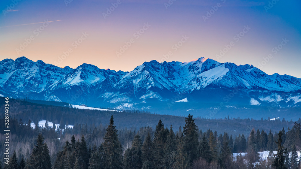 Wonderful Tatra mountains at sunrise in winter