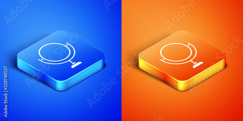 Isometric Round makeup mirror icon isolated on blue and orange background. 8 March. International Happy Women Day. Square button. Vector Illustration