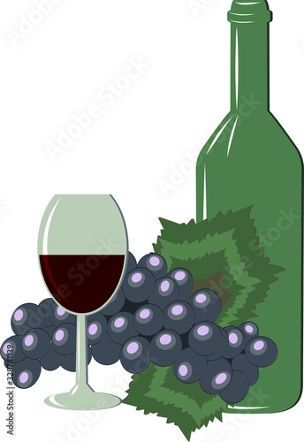 Vector illustration in a flat style. Still life composed of a glass with wine, a bottle and a bunch of grapes on a white background.