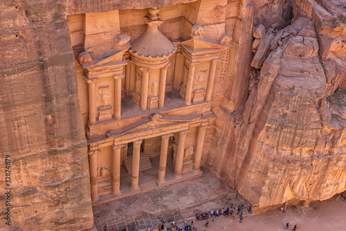 Al-Khazneh was voted one of the New Wonders of the World. Petra, a historical and archaeological city in Jordan. Top view