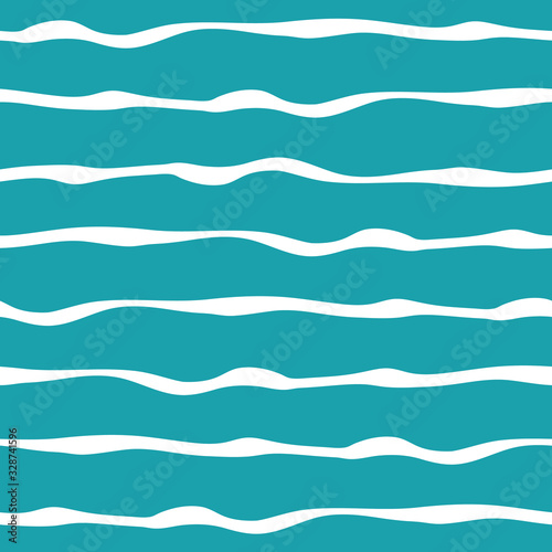 Wavy line seamless vector pattern background. Linear geometric ocean waves white blue backdrop. Hand drawn irregular brush stroke style illustration. All over print for marine, beach vacation concept
