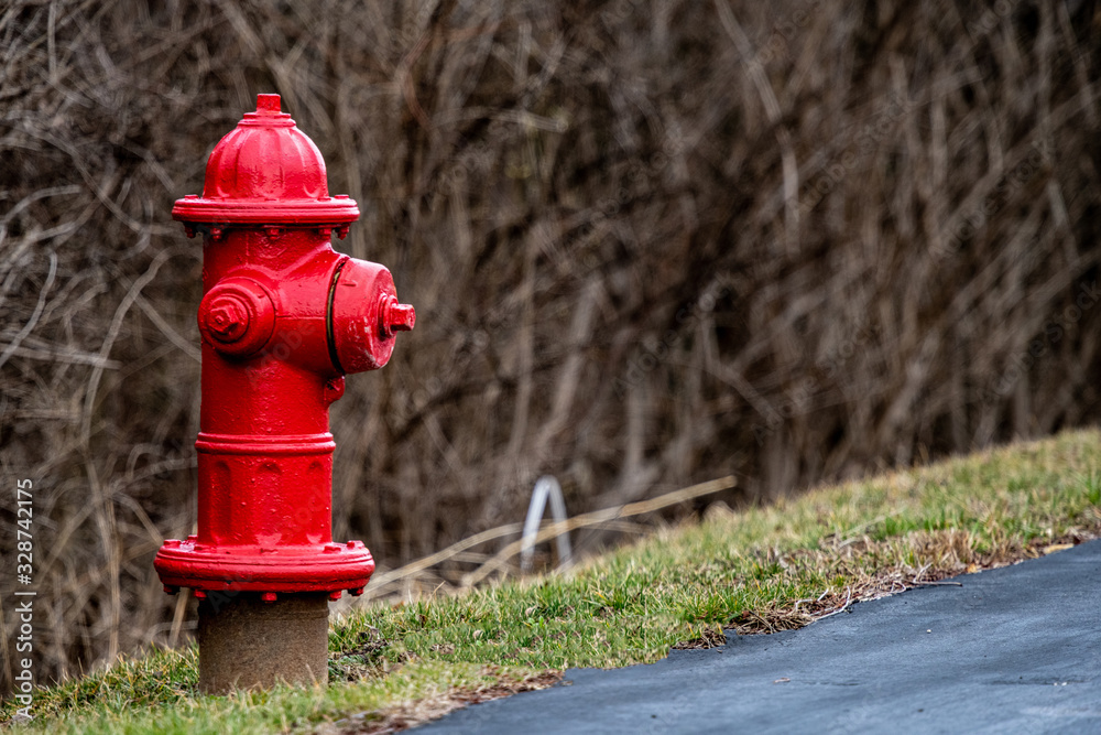 red fire hydrant next tp blacktop at a business location with copy space. red fire hydrant next tp blacktop at a business location with copy space.