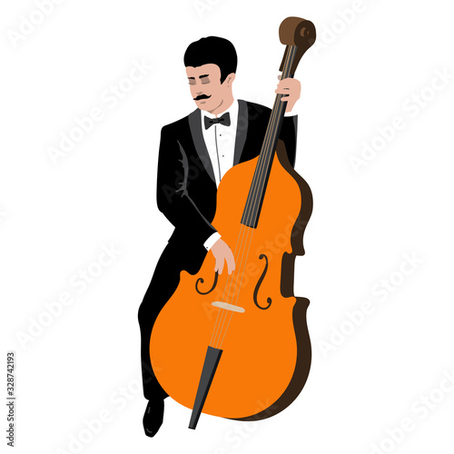 Vector Illustration of man playing the contrabass in the style of the 1920s. Handsome young european jazz musician dressed in an elegant tuxedo. Character in flat style, isolated on a white background