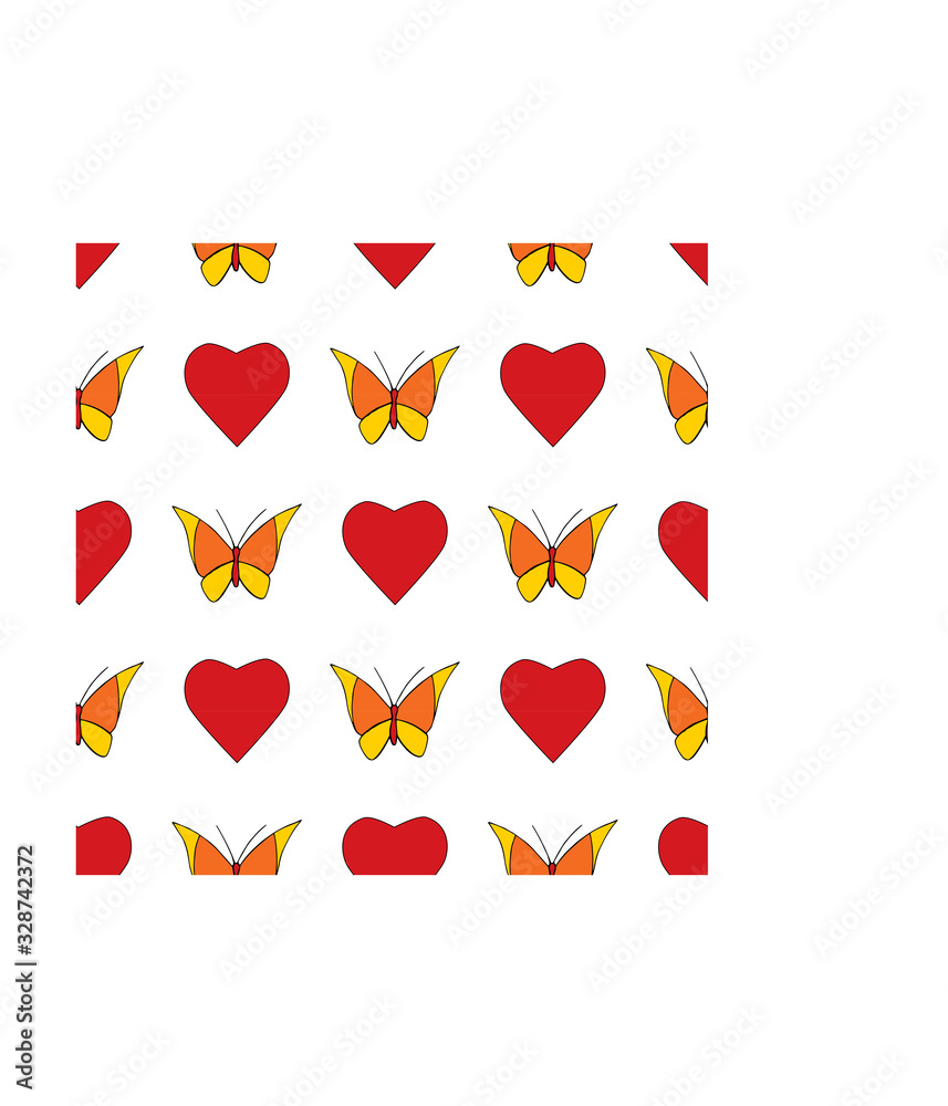Beautiful seamless texture chess with red hearts and yellow orange butterflies on a white background. Spring bright pattern. Hand drawing. Template in the swatch panel.