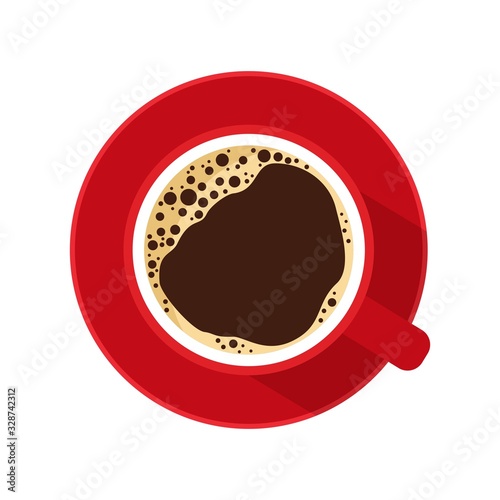 Top view red coffee cup with foam and bubbles and saucer isolated on white background. Vector illustration