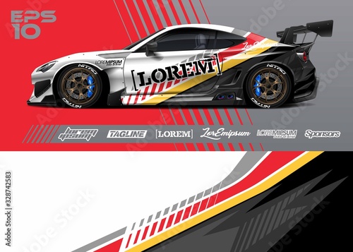 Car graphic livery design vector. Abstract stripe racing background for wrap race car, rally, drift car, cargo van, pickup truck and adventure vehicle. Full vector Eps 10.