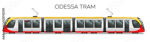 Odessa Passenger Tram Train, Streetcar. Modern Urban Tramcar, City Electric transport Streetcar Isolated on white. photo