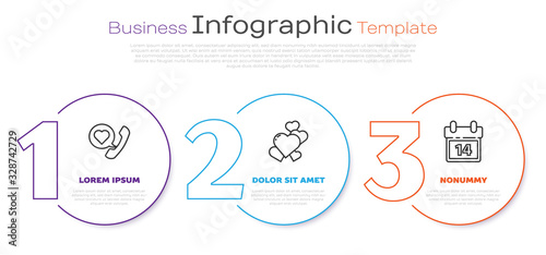 Set line Telephone with heart speech bubble, Heart and Calendar with February 14. Business infographic template. Vector