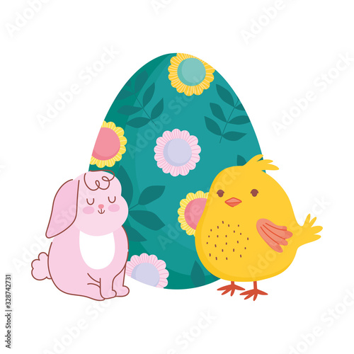 happy easter cute rabbit and chicken with painted egg decoration with flowers