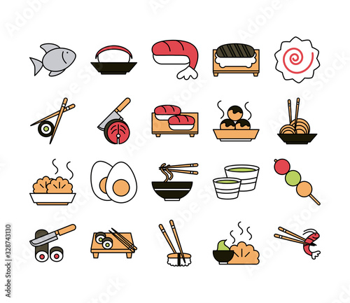 sushi oriental menu icons set line and fill style icon