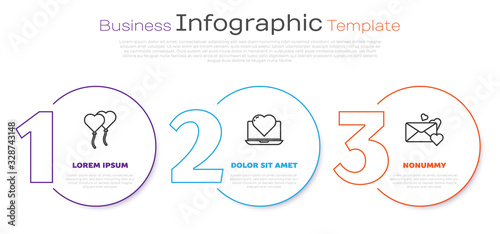Set line Balloons in form of heart, Laptop with heart and Envelope with heart. Business infographic template. Vector