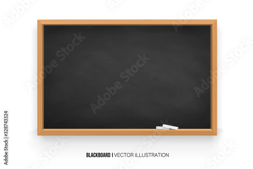 Chalkboard 3D. Realistic black blackboard in wooden frame isolated on white background.chalk on a blackboard.Rubbed out dirty chalkboard. Background for school or restaurant design, menu.vector