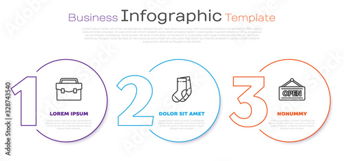 Set line Briefcase, Socks and Hanging sign with Open. Business infographic template. Vector