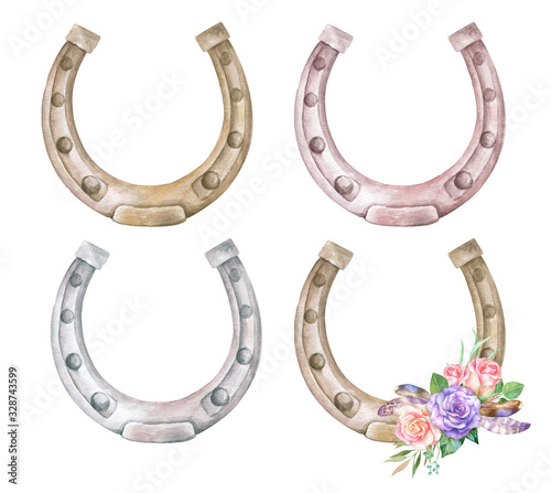 Leinwand Poster Watercolor illustration with horseshoes and floral decoration.