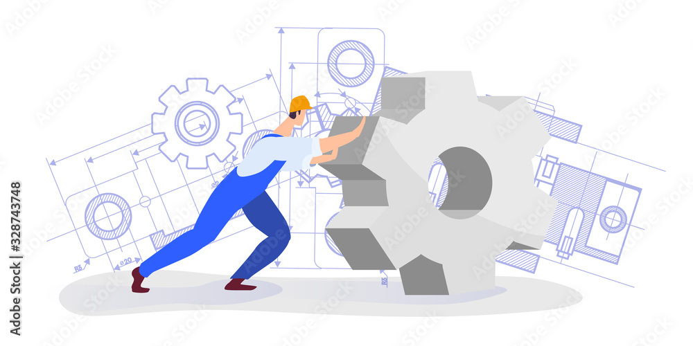 An employee of an engineering company, carries a wheel.are engaged in construction.Workers at a construction site. Drawings,schemes,mechanisms. Business concept in cartoon style.Construction worker An employee of an engineering company, carries a wheel.are engaged in construction.Workers at a construction site. Drawings,schemes,mechanisms. Business concept in cartoon style.Construction worker