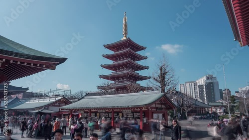 Tokyo, Japan: Five-Storey Pagoda of Sensō-ji in Asakusa during a nice sunny day, 4K time lapse.